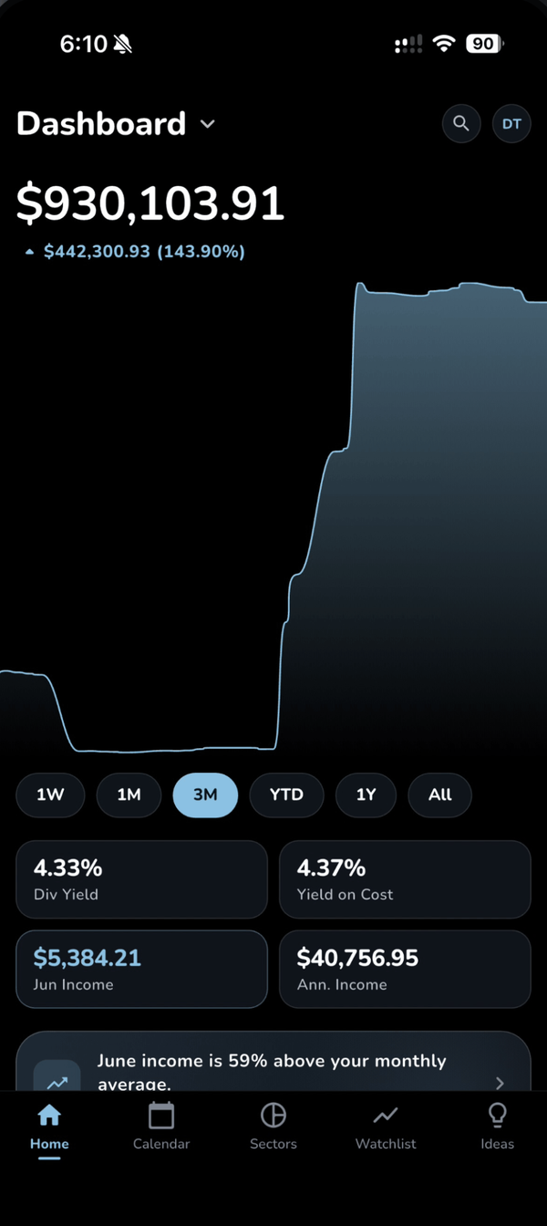 The Dividend Tracker app dashboard: total value, yield, and income